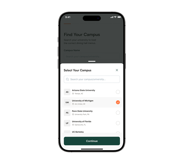 Select your campus screen